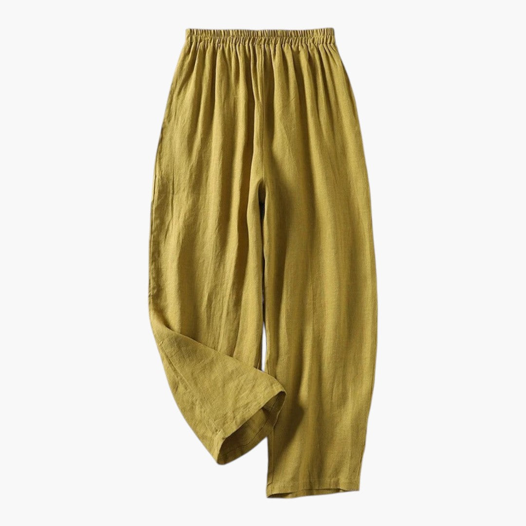 Women's Linen and Cotton Pants with Elastic Waist and Side Pockets