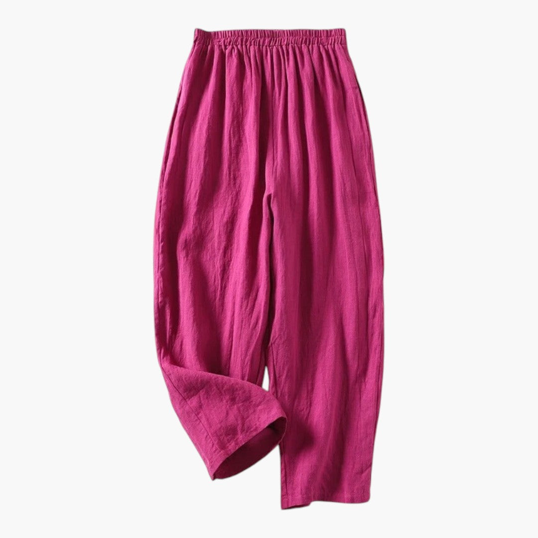 Women's Linen and Cotton Pants with Elastic Waist and Side Pockets