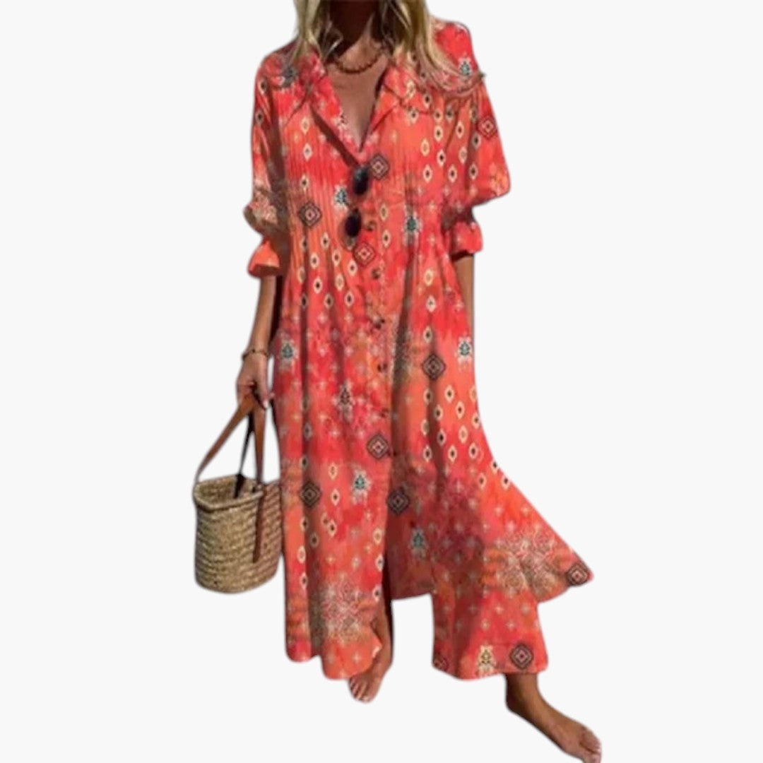 Women's Maxi Dress with Rounded Neckline and Side Pockets