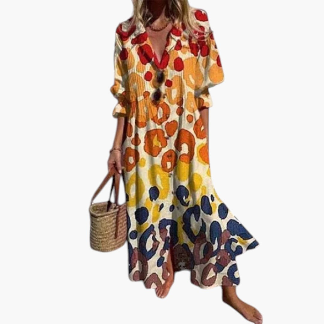 Women's Maxi Dress with Rounded Neckline and Side Pockets