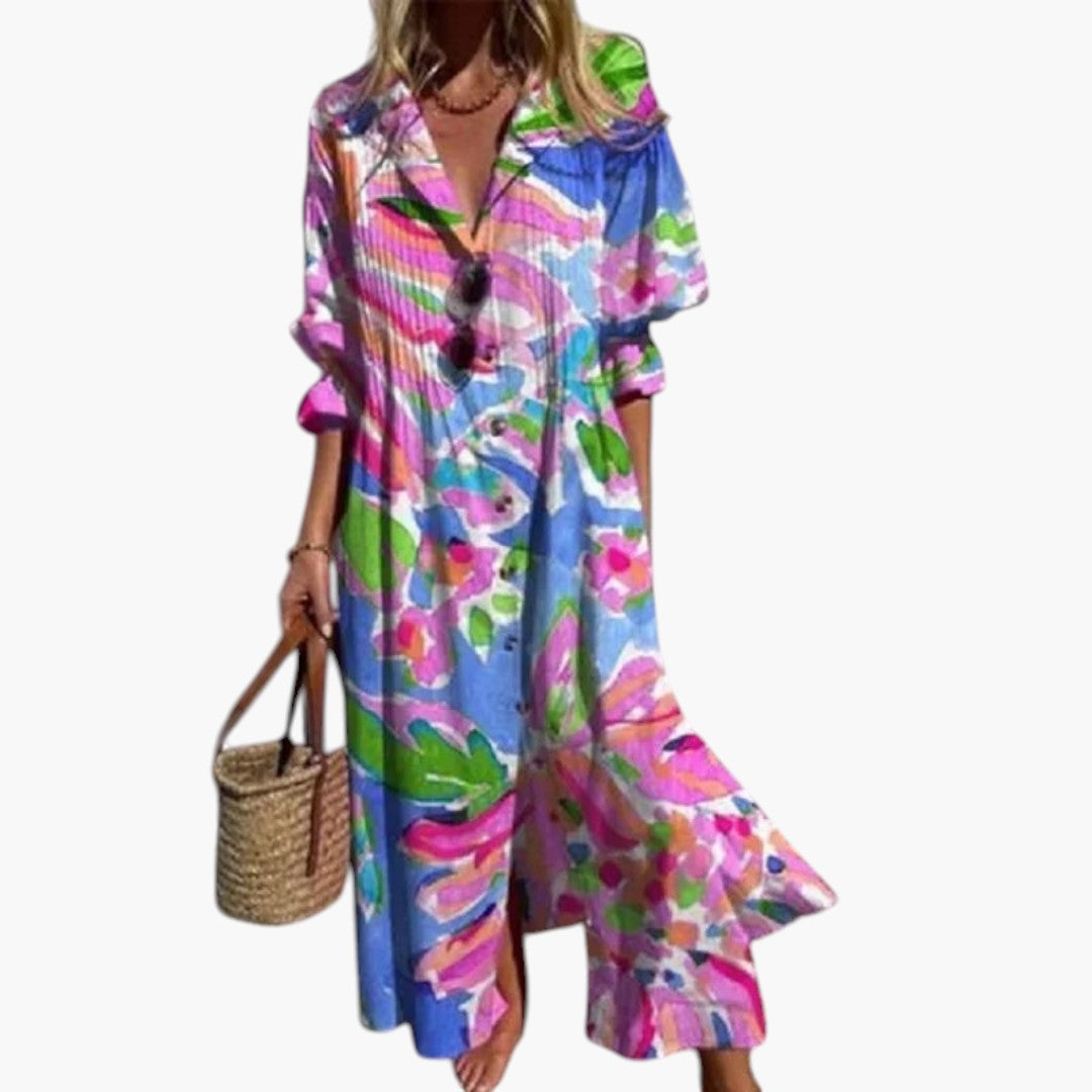 Women's Maxi Dress with Rounded Neckline and Side Pockets
