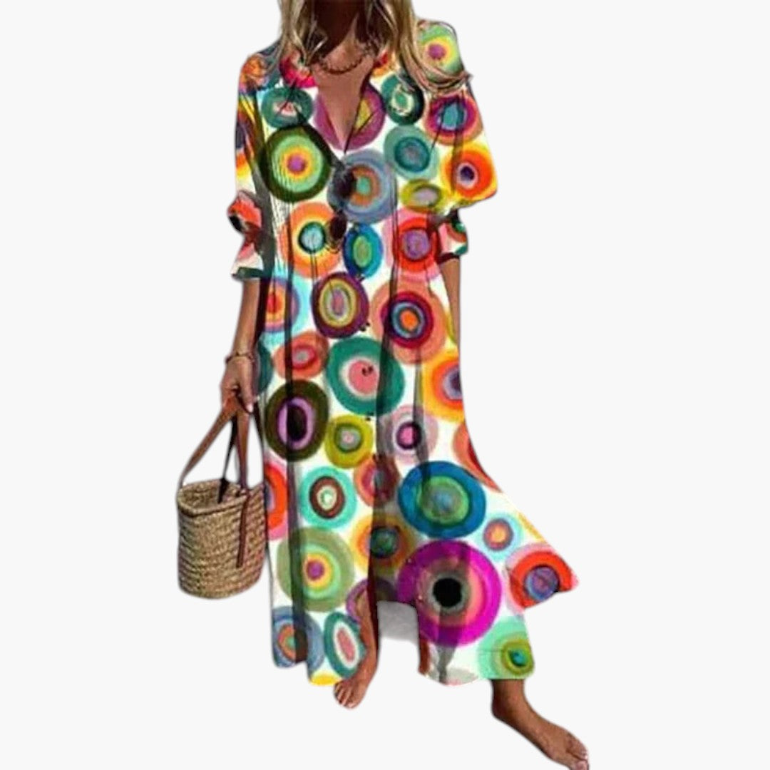Women's Maxi Dress with Rounded Neckline and Side Pockets