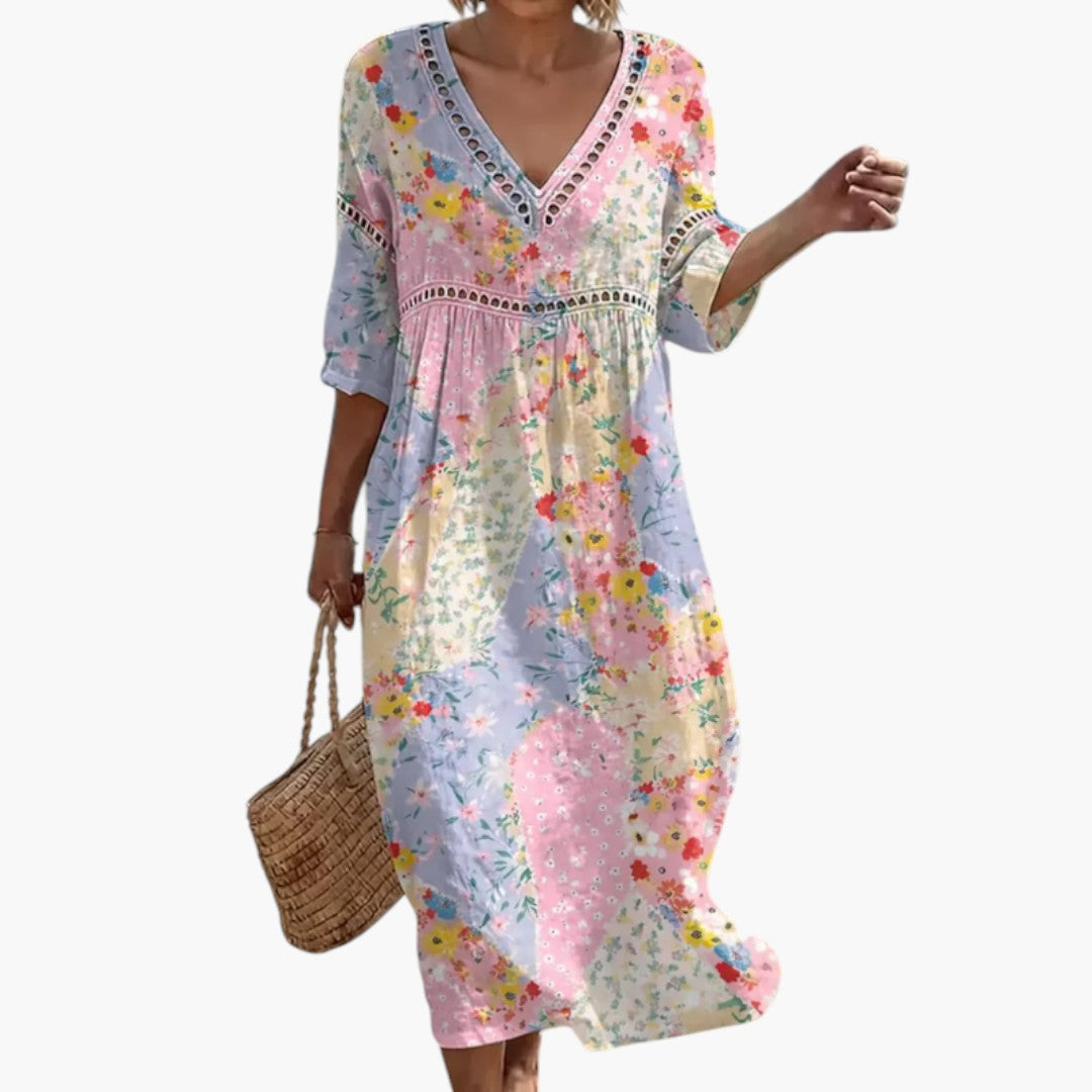 Bavane | Women's Maxi Dress with V-Neck and Mid-Length Sleeves