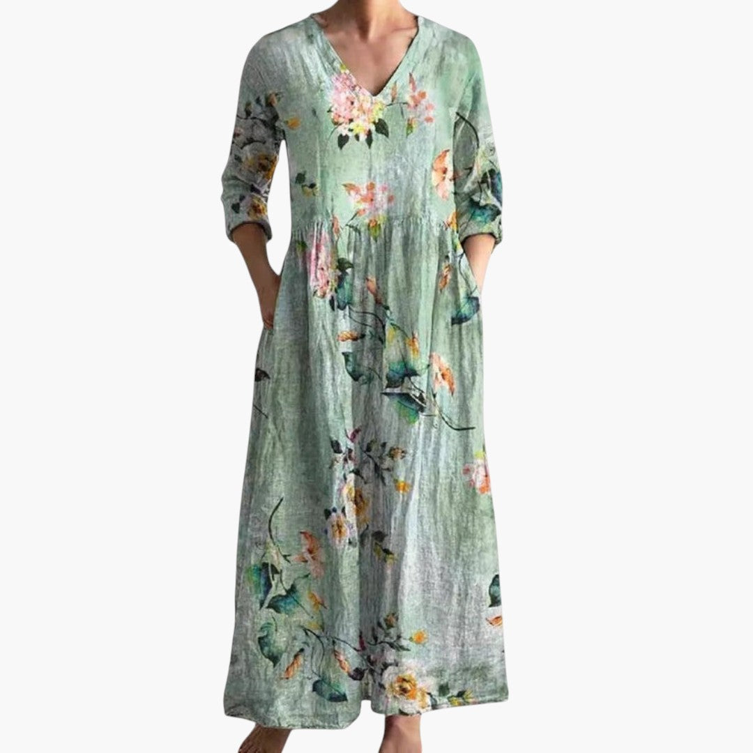 Women's Maxi Dress with V-Neckline and Floral Pattern