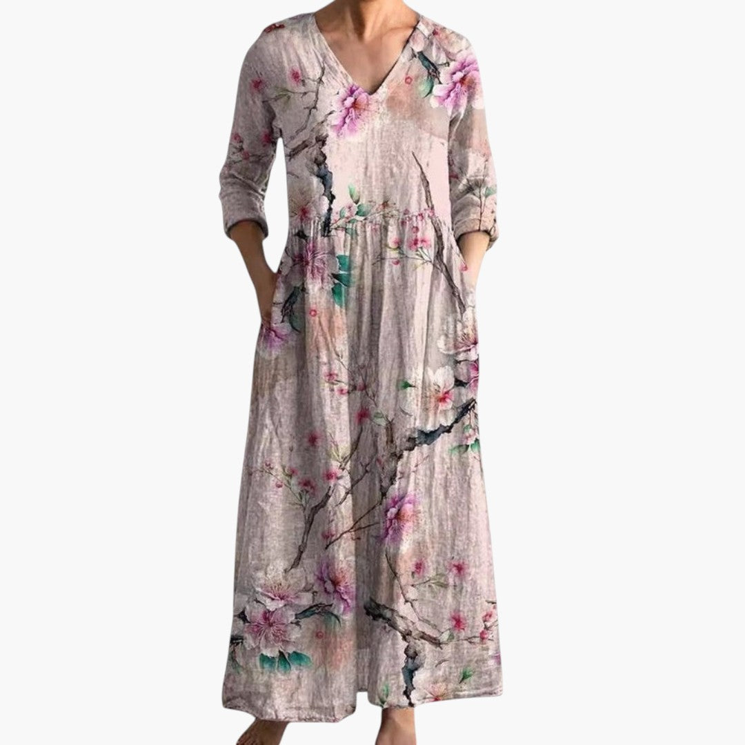 Women's Maxi Dress with V-Neckline and Floral Pattern