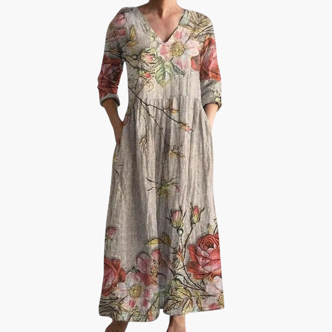Bavane | Women's Maxi Dress with V-Neckline and Floral Pattern