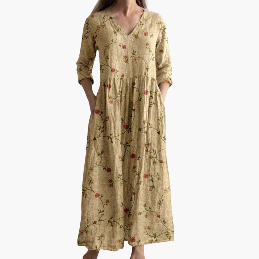 Women's Maxi Dress with V-Neckline and Floral Pattern