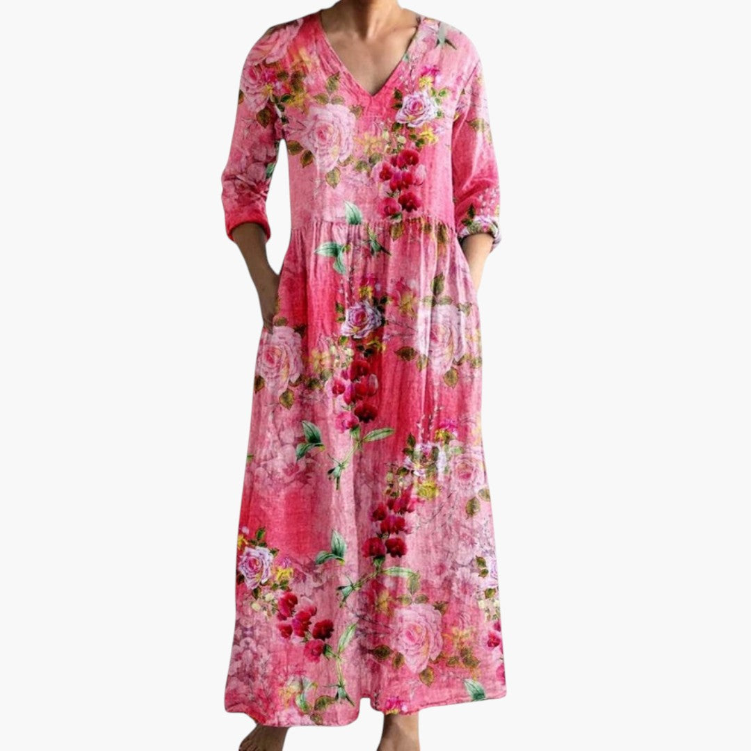 Women's Maxi Dress with V-Neckline and Floral Pattern