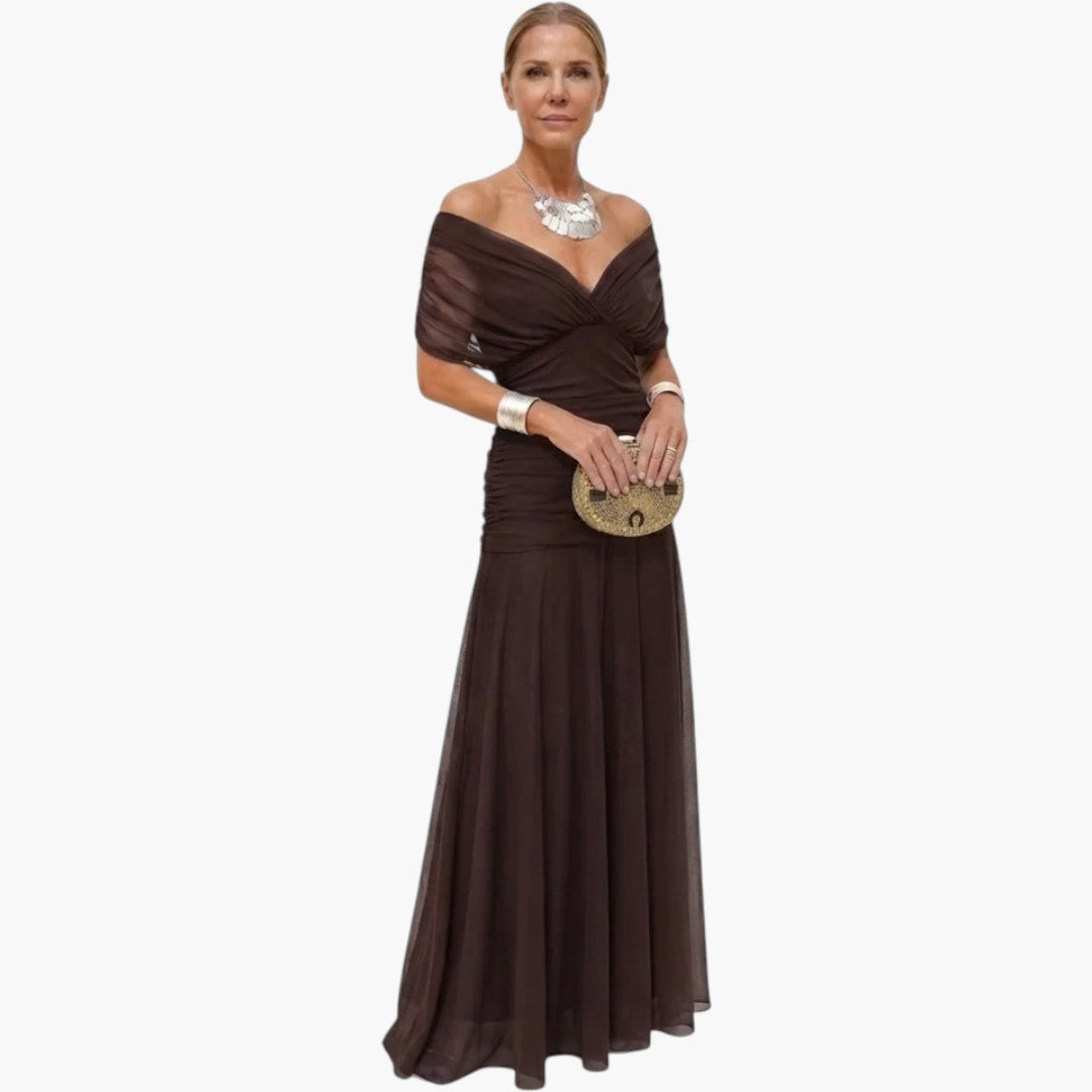Women's Maxi Dress with V-Neck and Pleated Waist