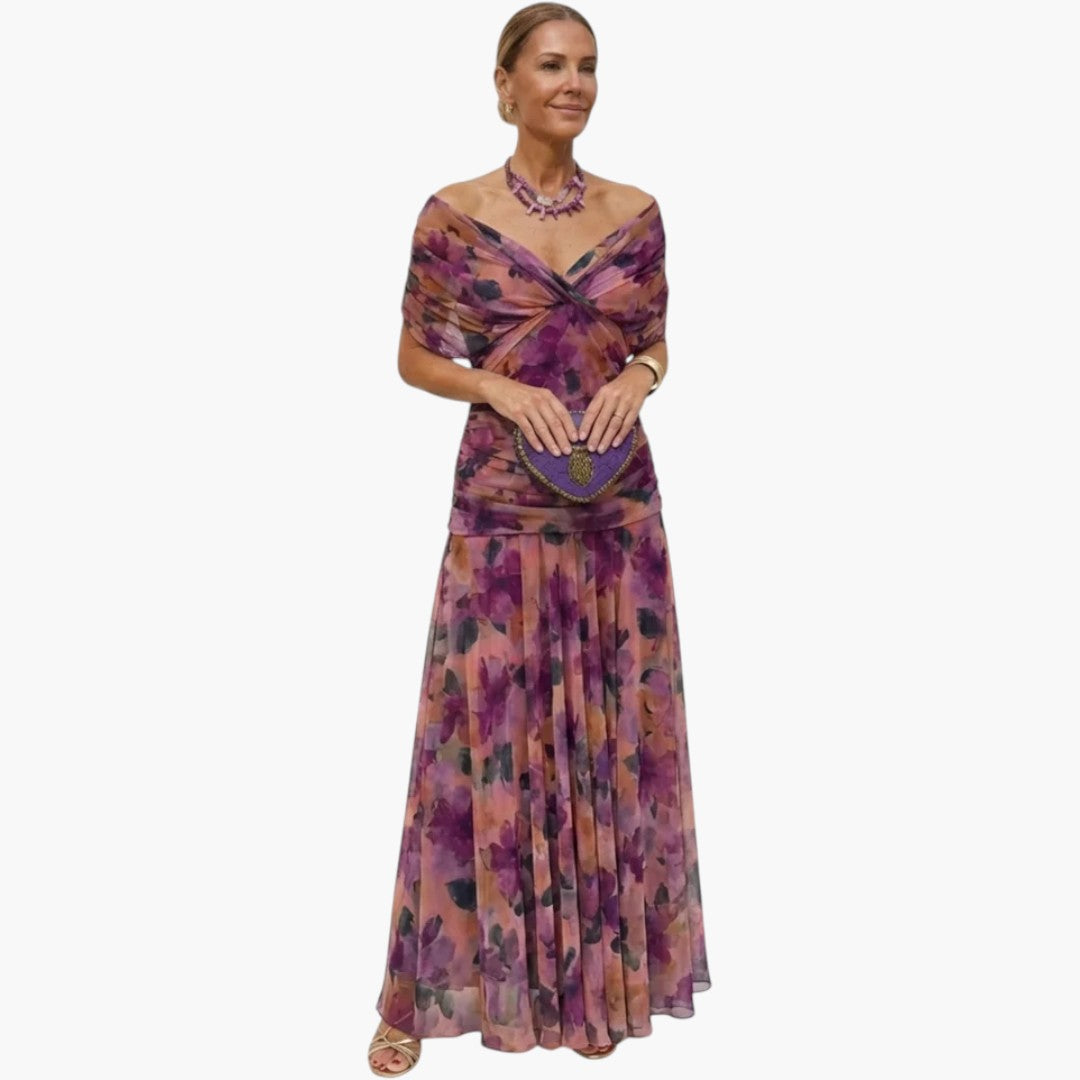 Women's Maxi Dress with V-Neck and Pleated Waist