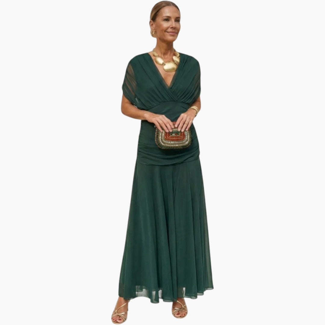 Women's Maxi Dress with V-Neck and Pleated Waist