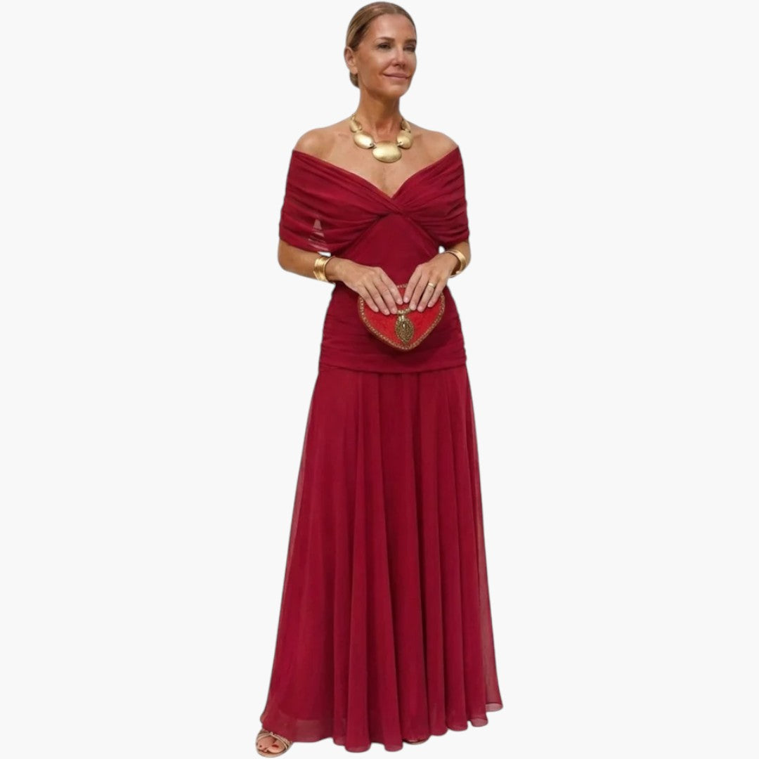 Women's Maxi Dress with V-Neck and Pleated Waist