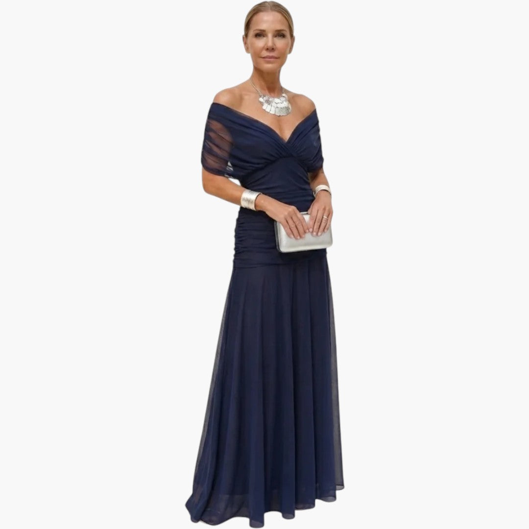 Women's Maxi Dress with V-Neck and Pleated Waist