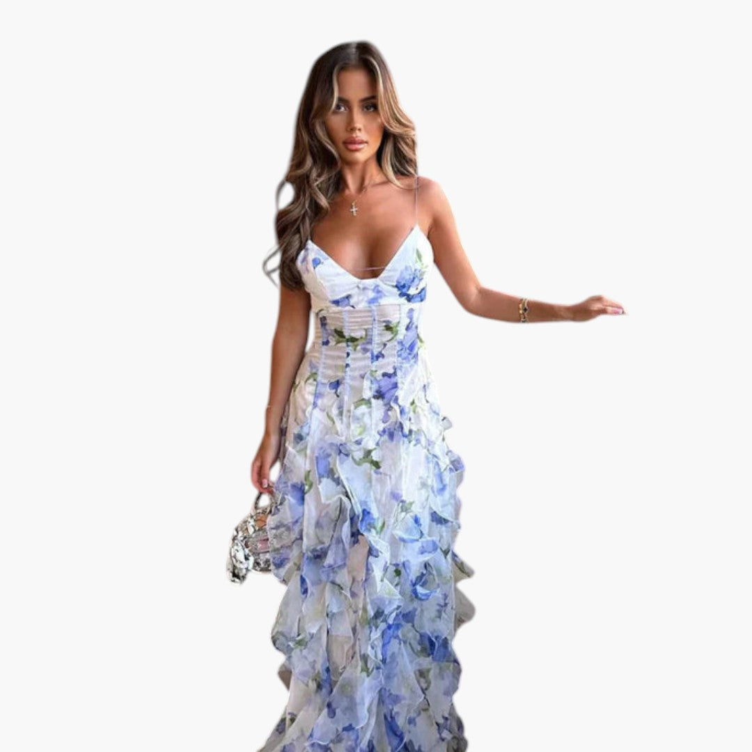 Women's Maxi Dress with Ruffled Hem and Floral Pattern