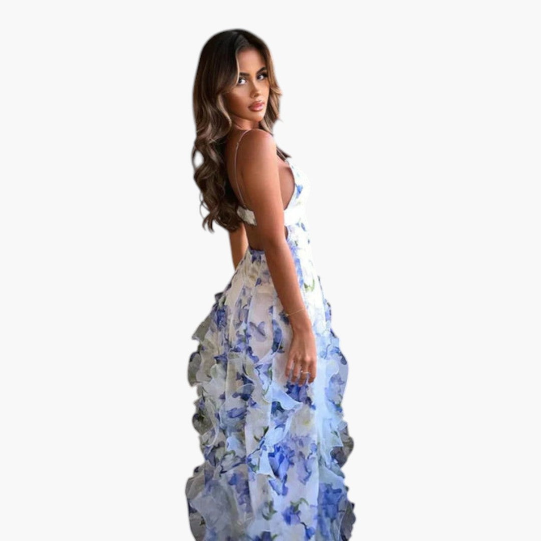 Women's Maxi Dress with Ruffled Hem and Floral Pattern