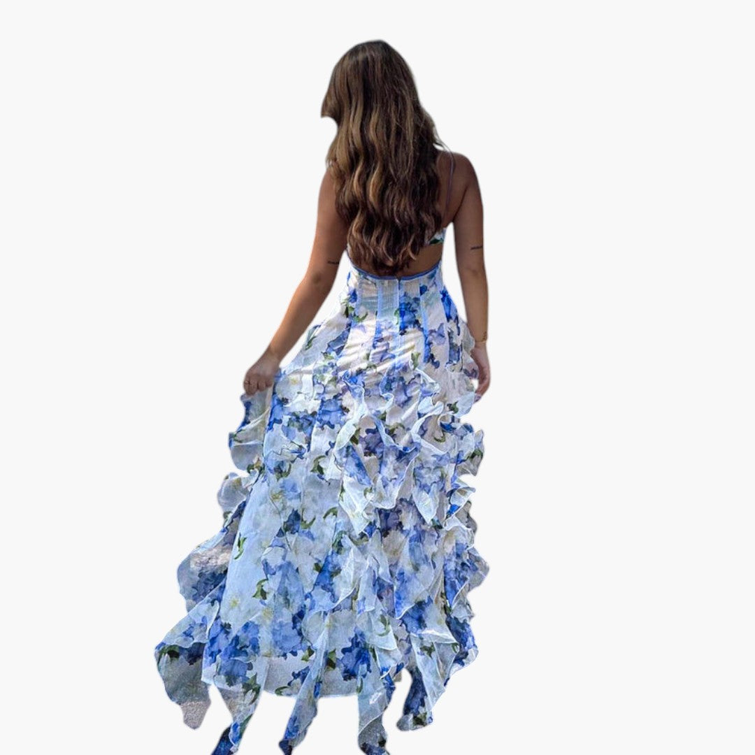 Women's Maxi Dress with Ruffled Hem and Floral Pattern