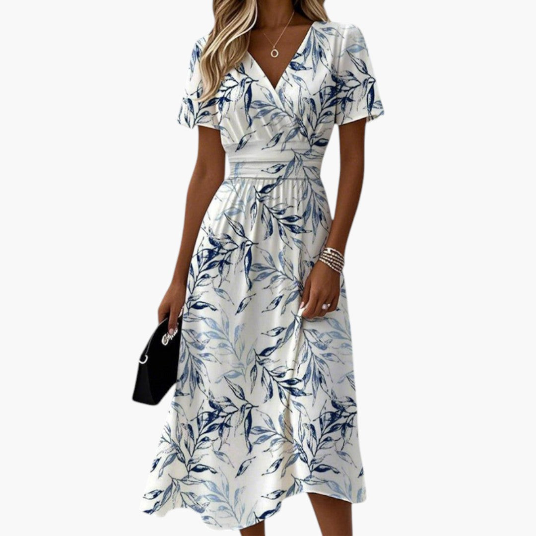 Bavane | Women's Midi Dress with Cross-Over Neckline and Fitted Waist