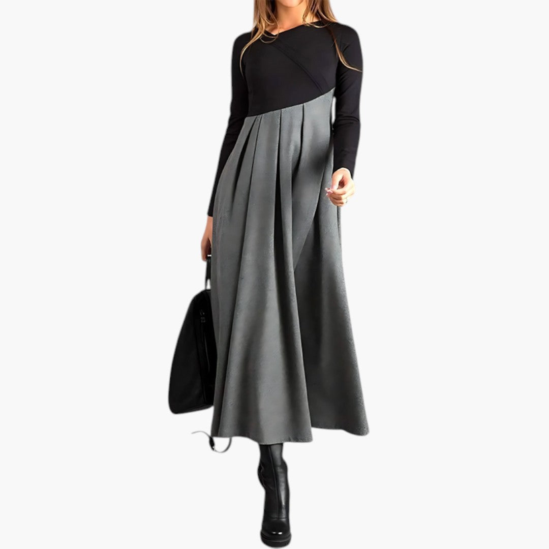 Bavane | Women's Midi Dress with Structured Neckline and Pleated Skirt