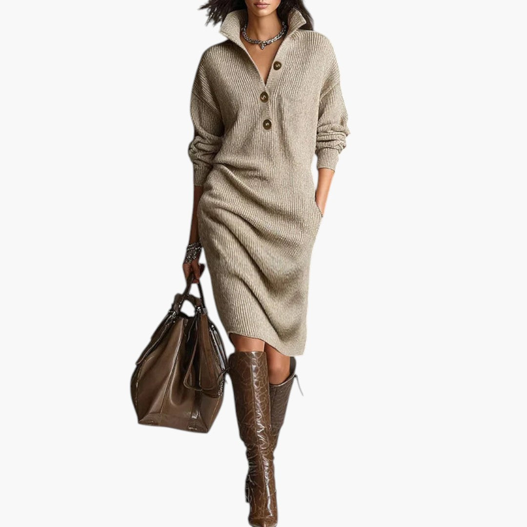 Bavane | Women's Mini Dress with Buttoned Collar and Ribbed Knit Surface