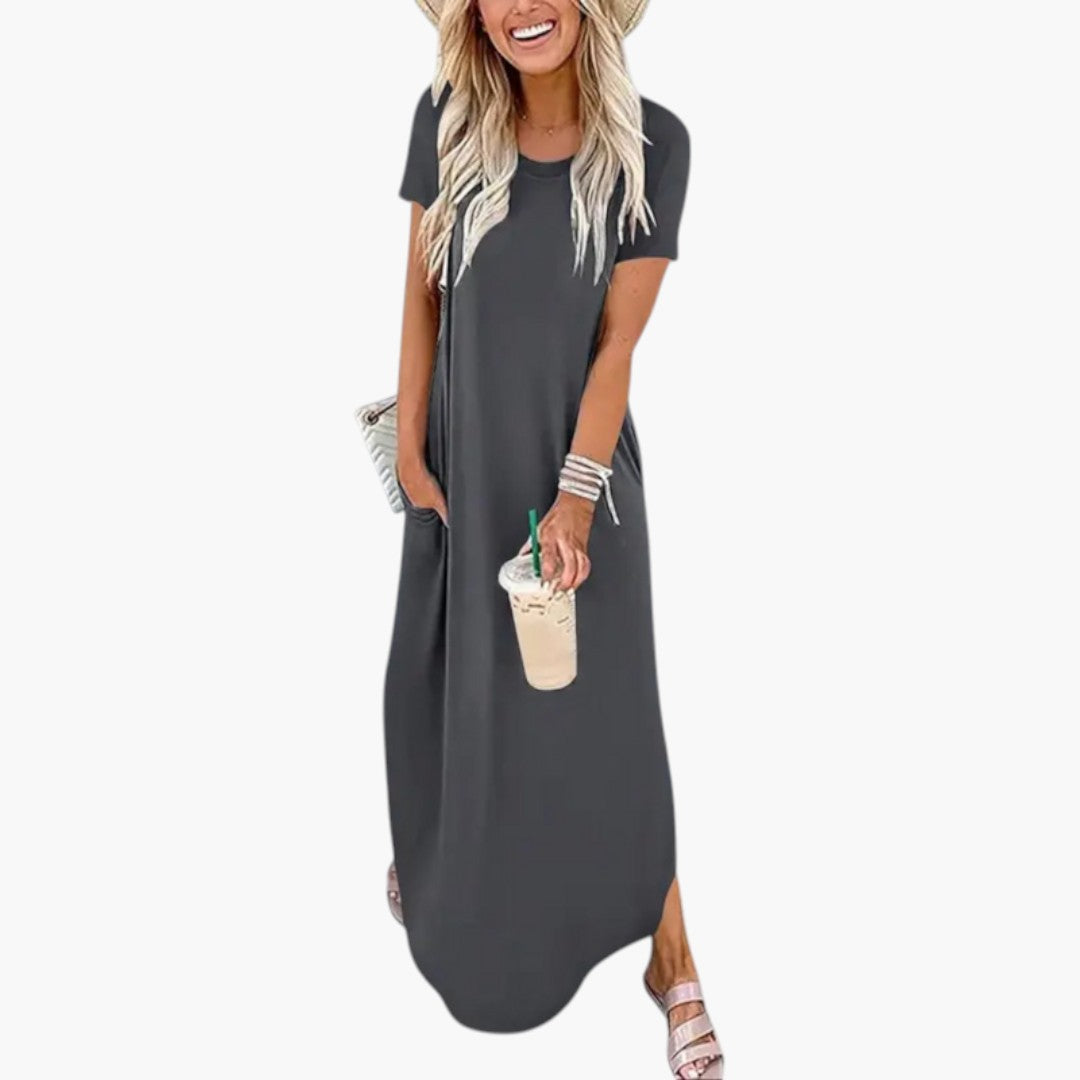 Women's Maxi Dress with Round Neckline and Fluid Fit