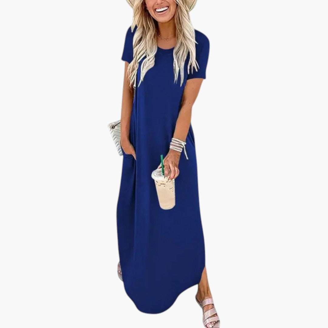 Women's Maxi Dress with Round Neckline and Fluid Fit