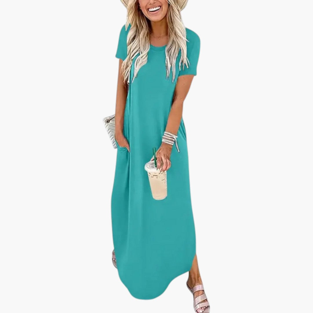 Women's Maxi Dress with Round Neckline and Fluid Fit