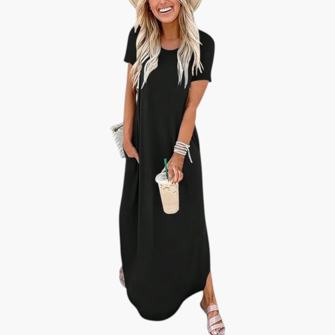 Women's Maxi Dress with Round Neckline and Fluid Fit