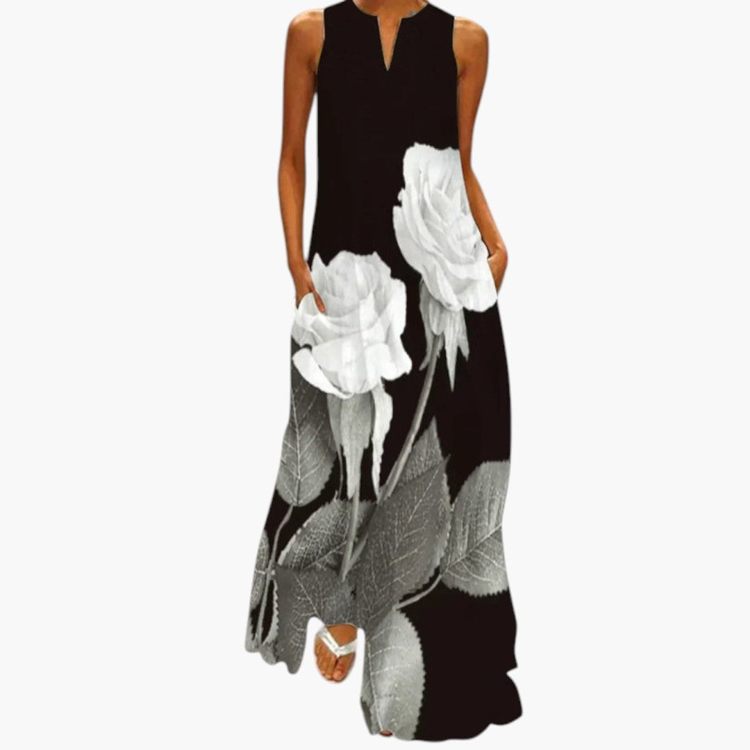 Women's Maxi Dress with Open Neckline and Flared Waist