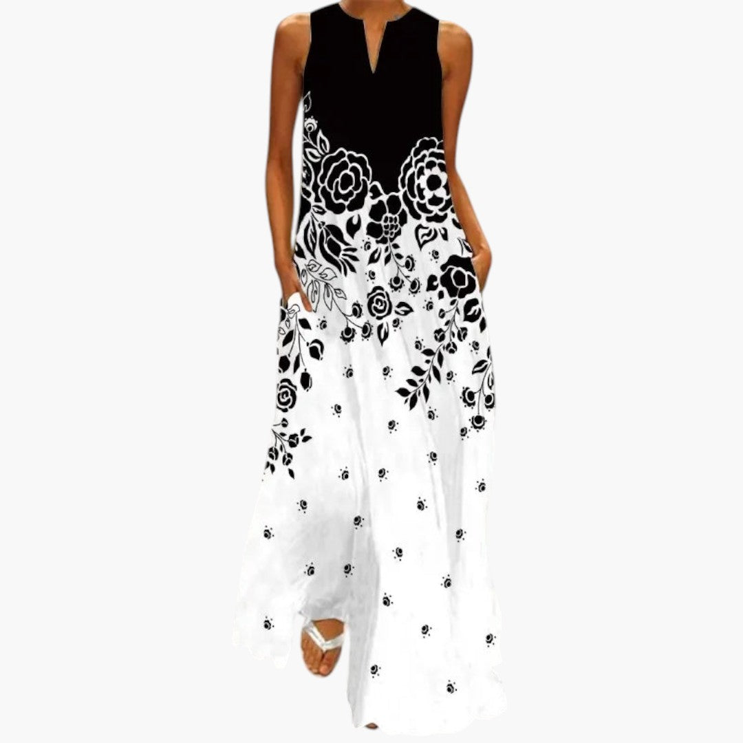 Women's Maxi Dress with Open Neckline and Flared Waist