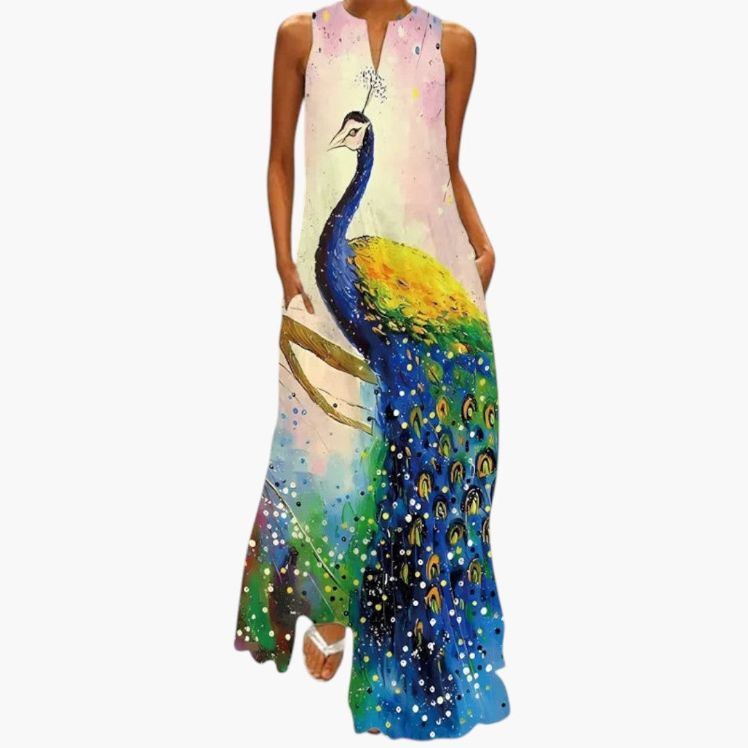 Women's Maxi Dress with Open Neckline and Flared Waist