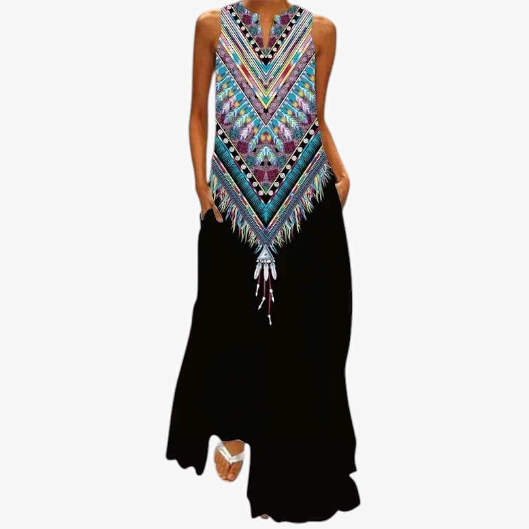 Women's Maxi Dress with Open Neckline and Flared Waist