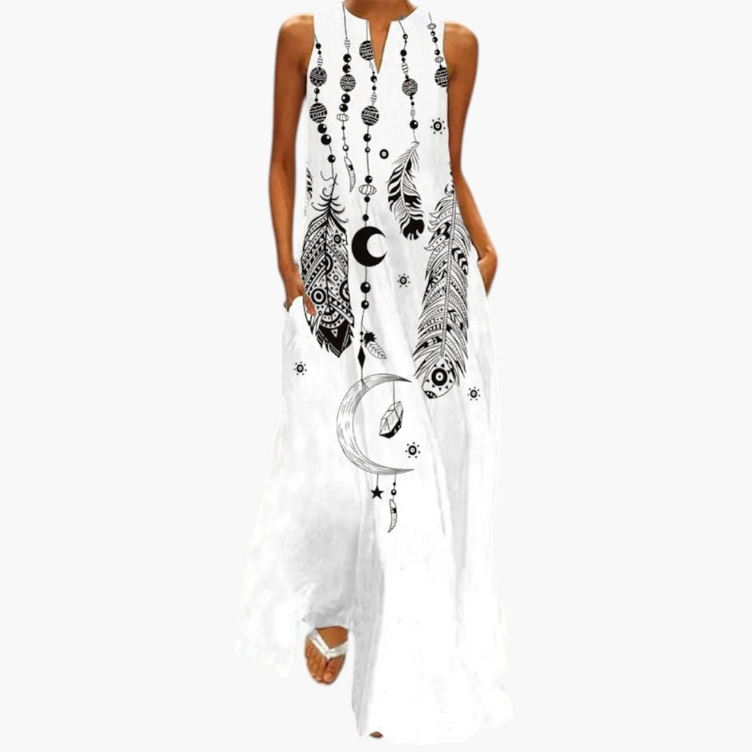 Women's Maxi Dress with Open Neckline and Flared Waist