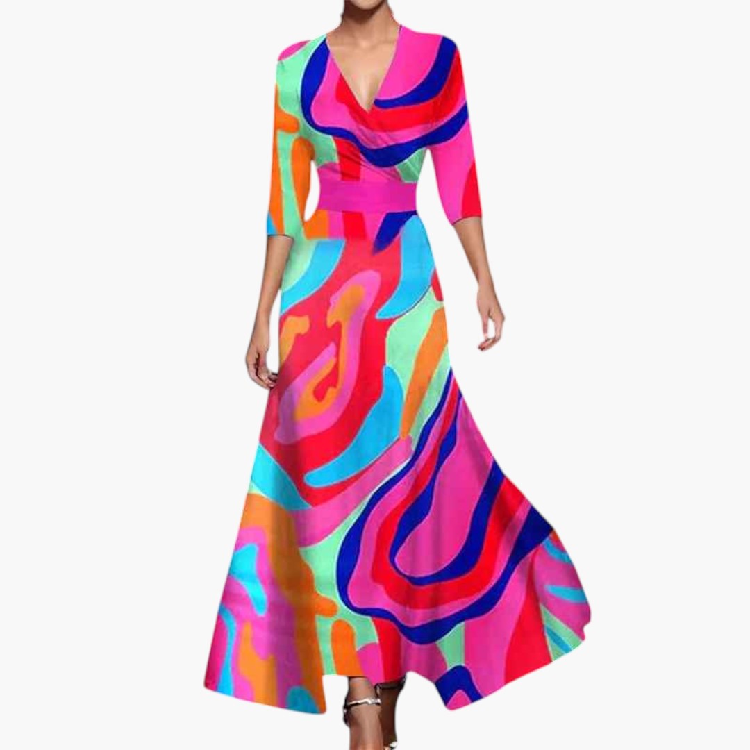 Women's Maxi Dress with V-Neckline and Floral Pattern