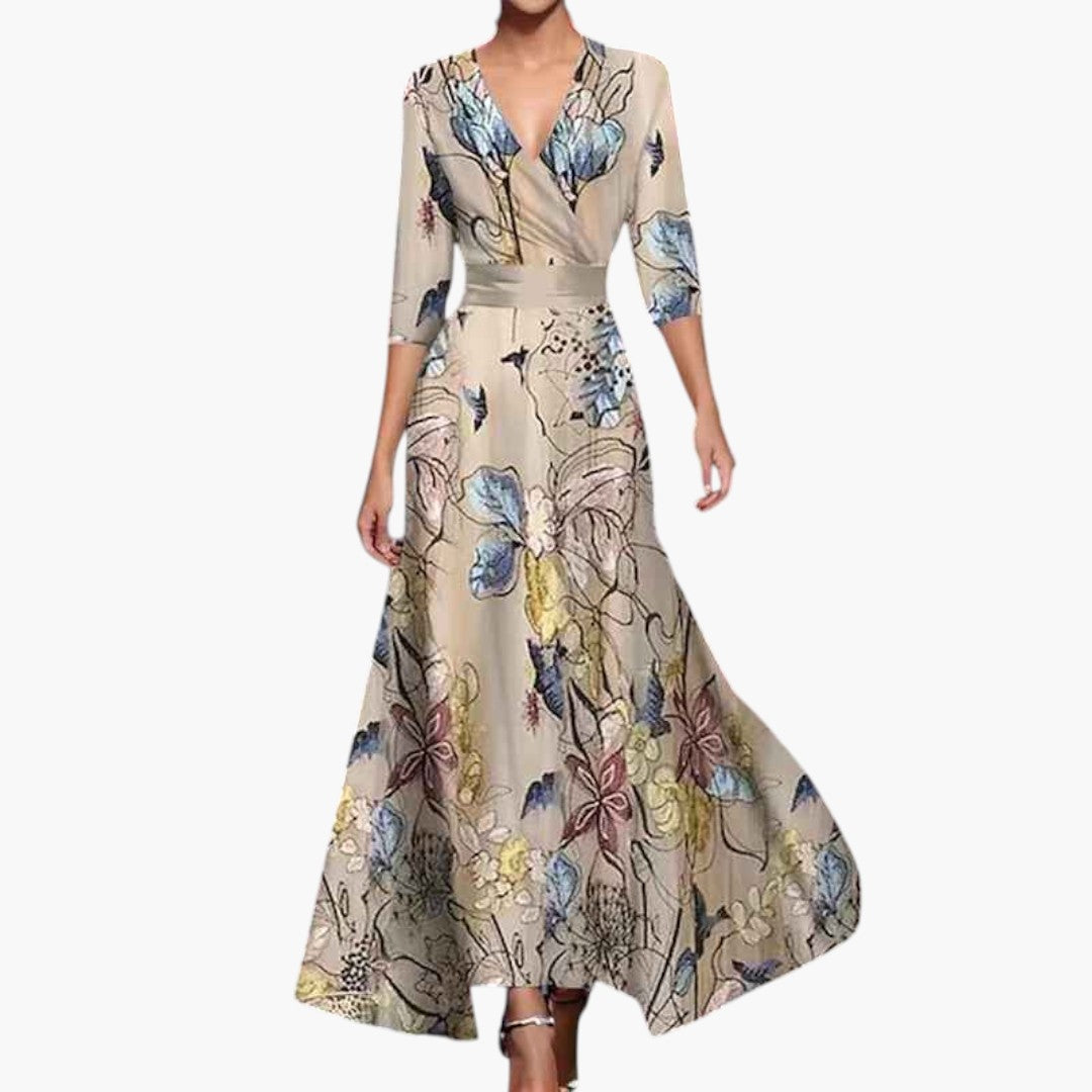 Women's Maxi Dress with V-Neckline and Floral Pattern