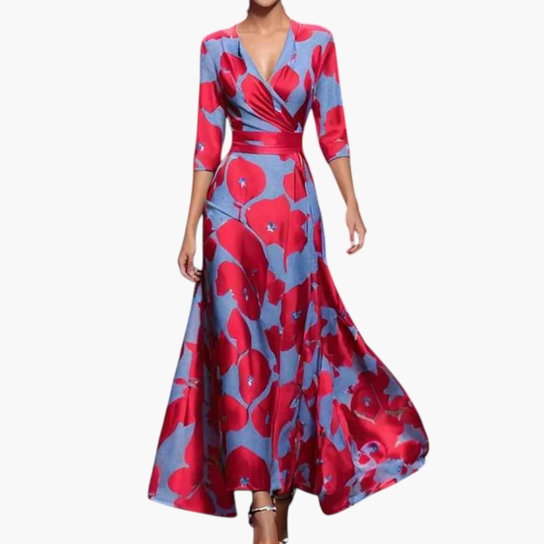 Women's Maxi Dress with V-Neckline and Floral Pattern
