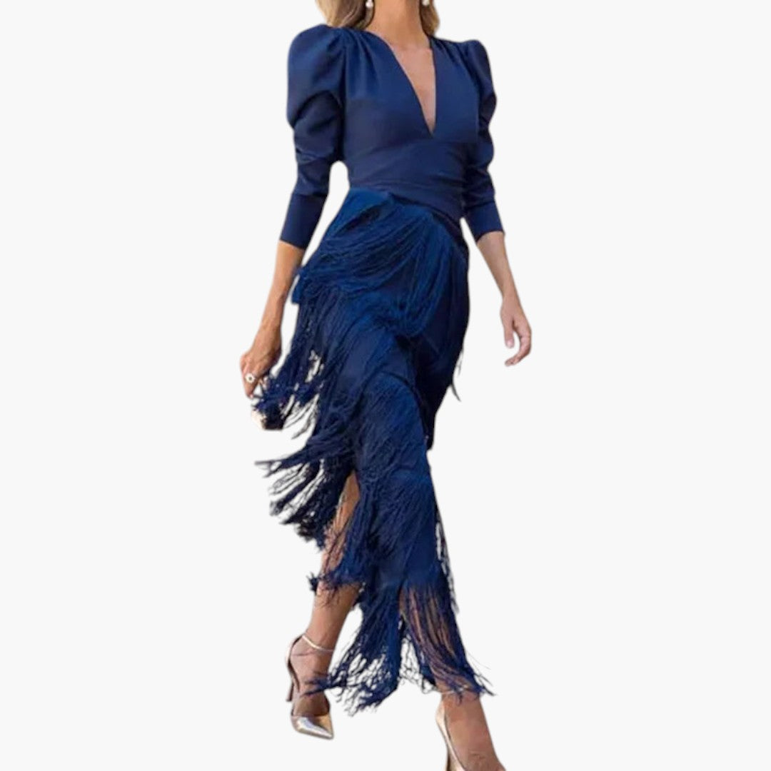 Bavane | Women's Maxi Dress with V-Neck and Fringed Hem