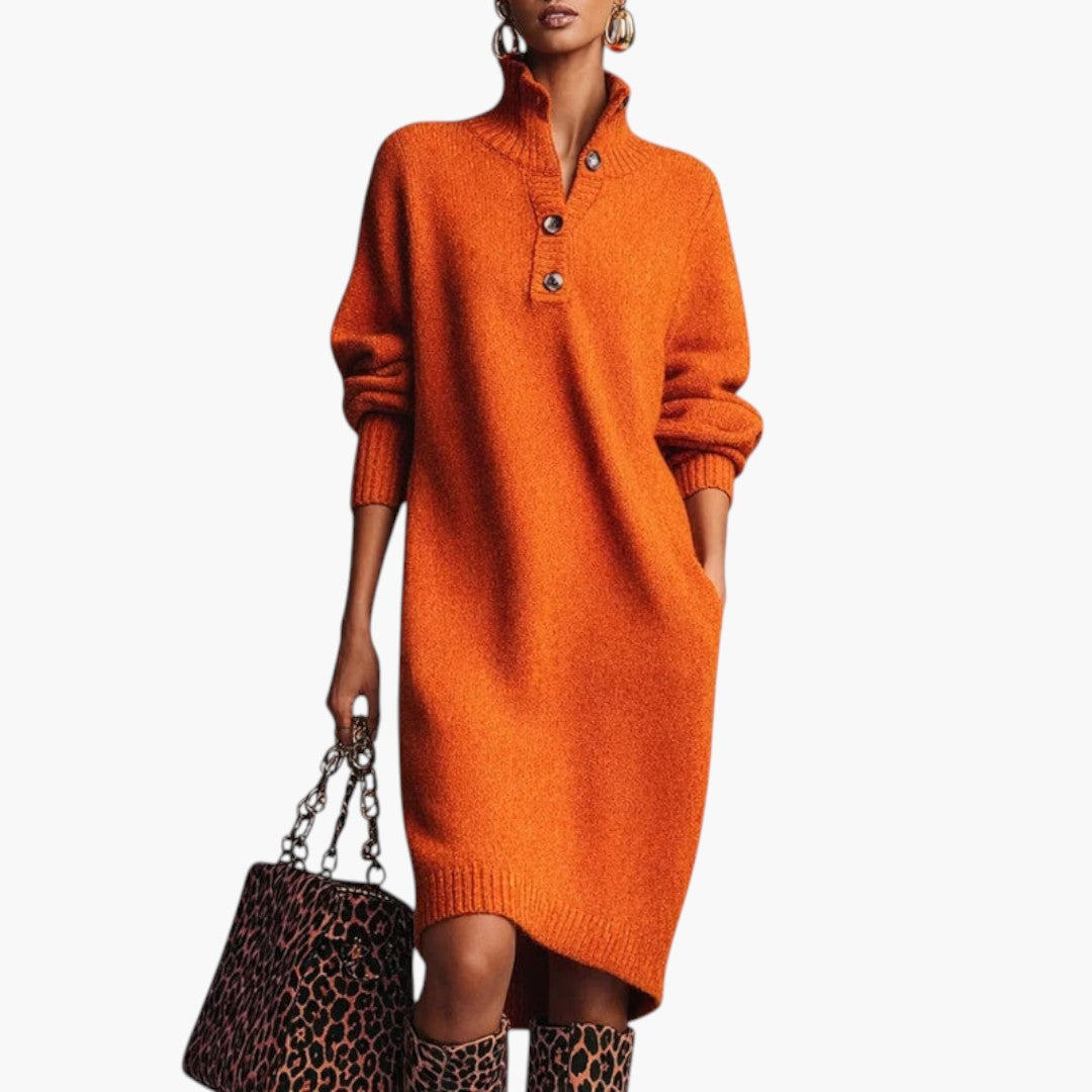 Women's Midi Dress with High Collar and Long Sleeves