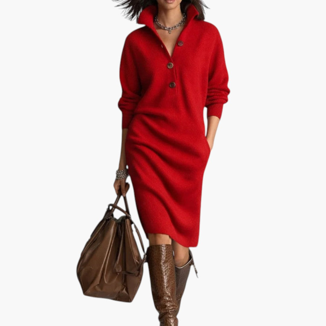 Women's Midi Dress with High Collar and Long Sleeves