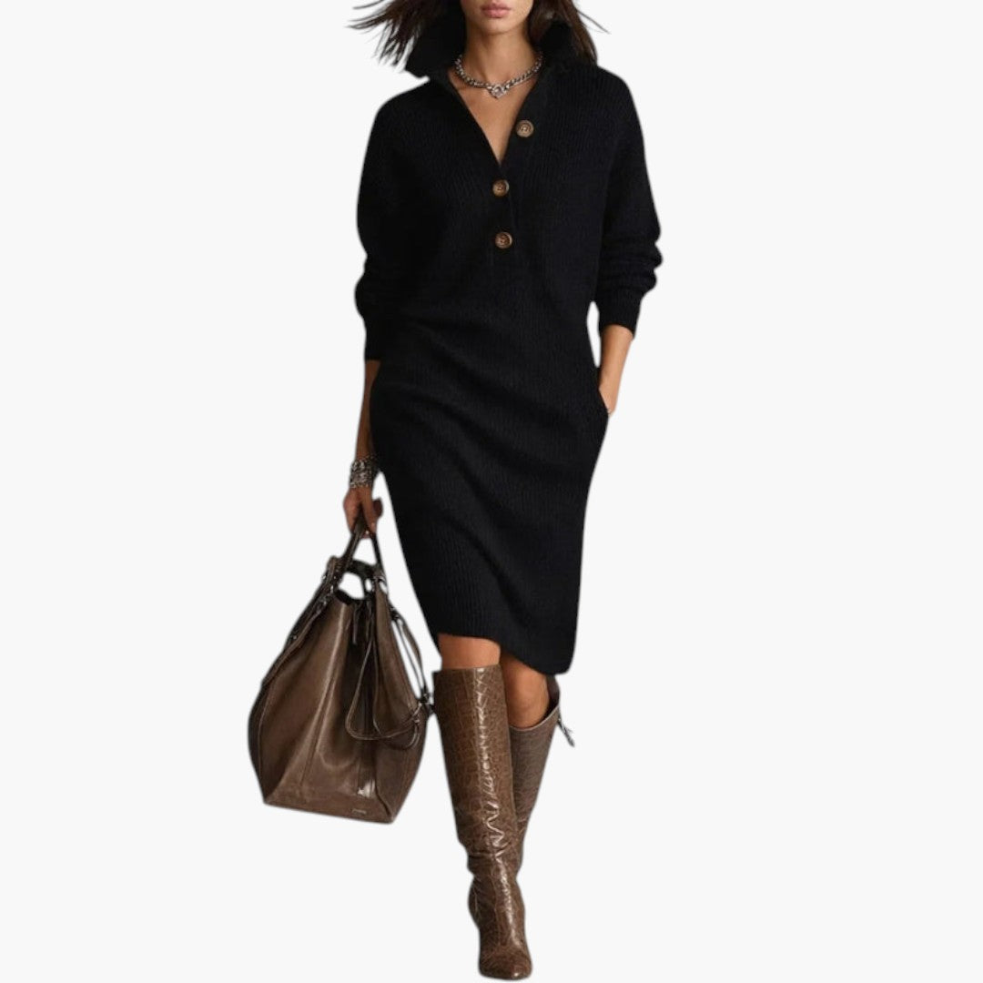 Women's Midi Dress with High Collar and Long Sleeves