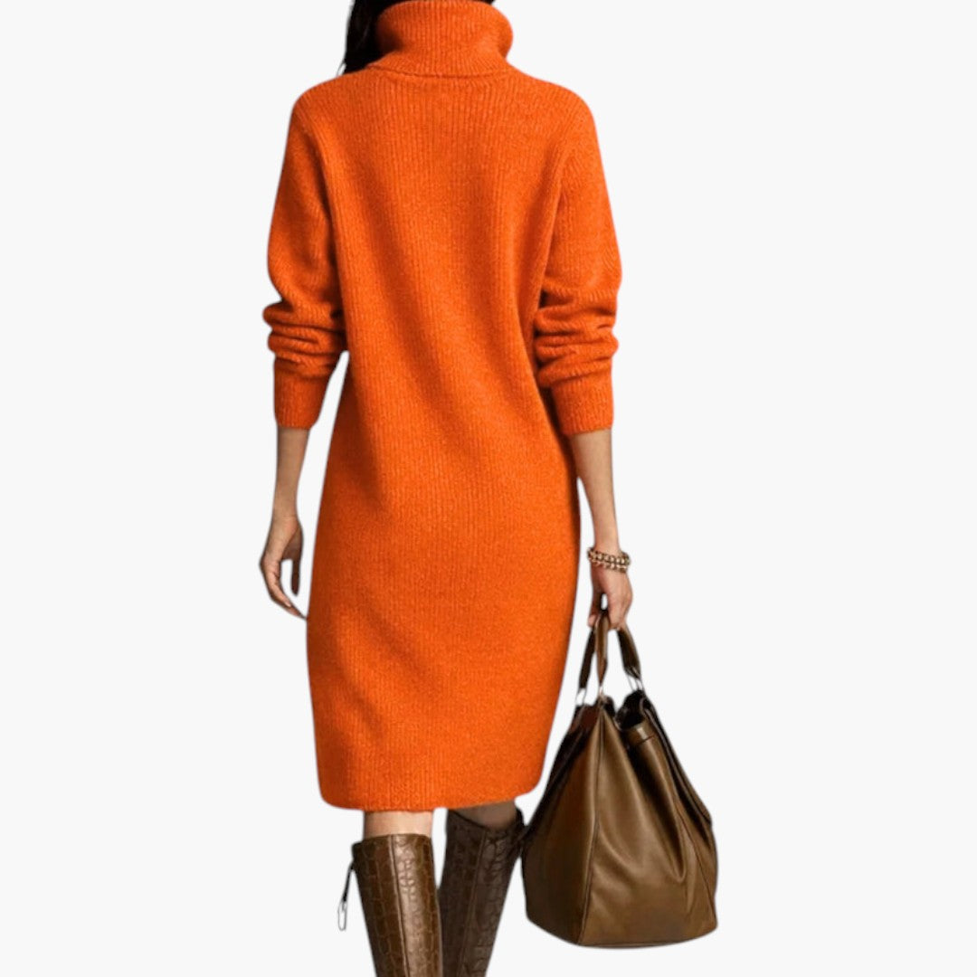Women's Midi Dress with High Collar and Long Sleeves