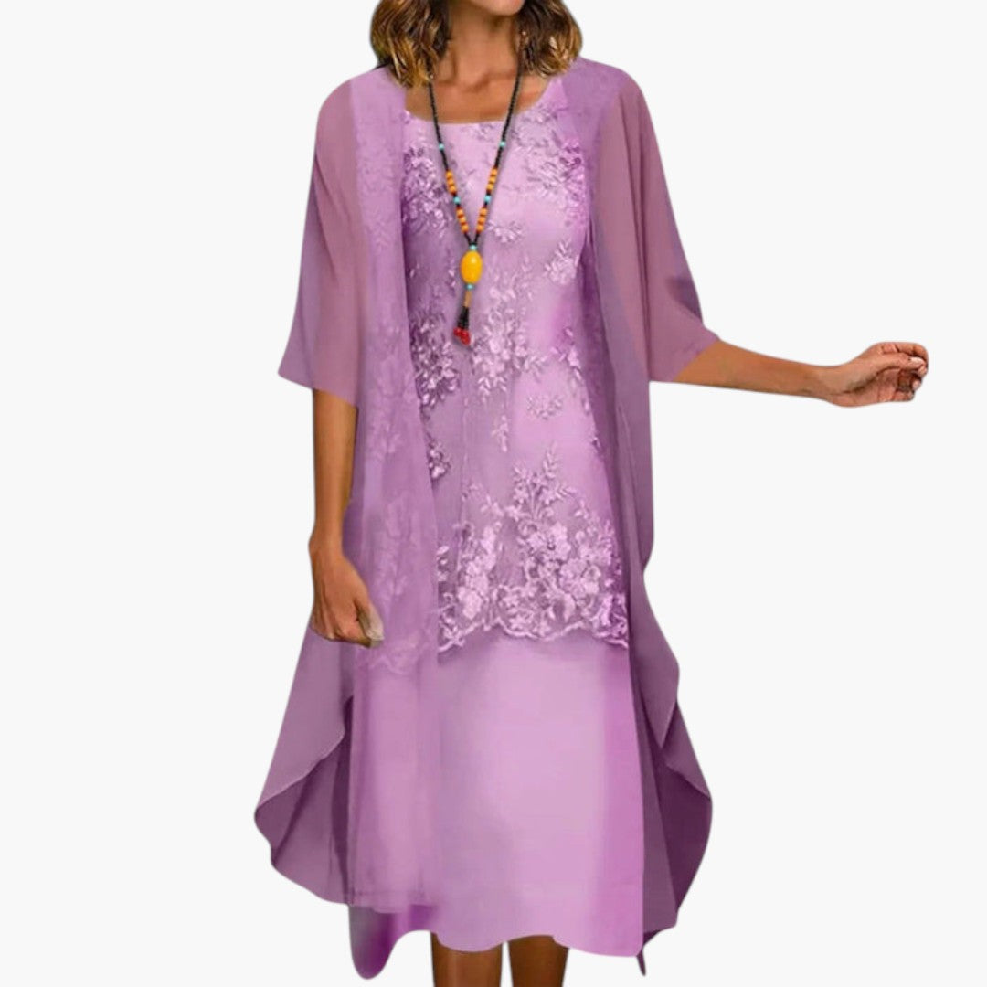 Women's Midi Dress with Round Neckline and Smocked Waist
