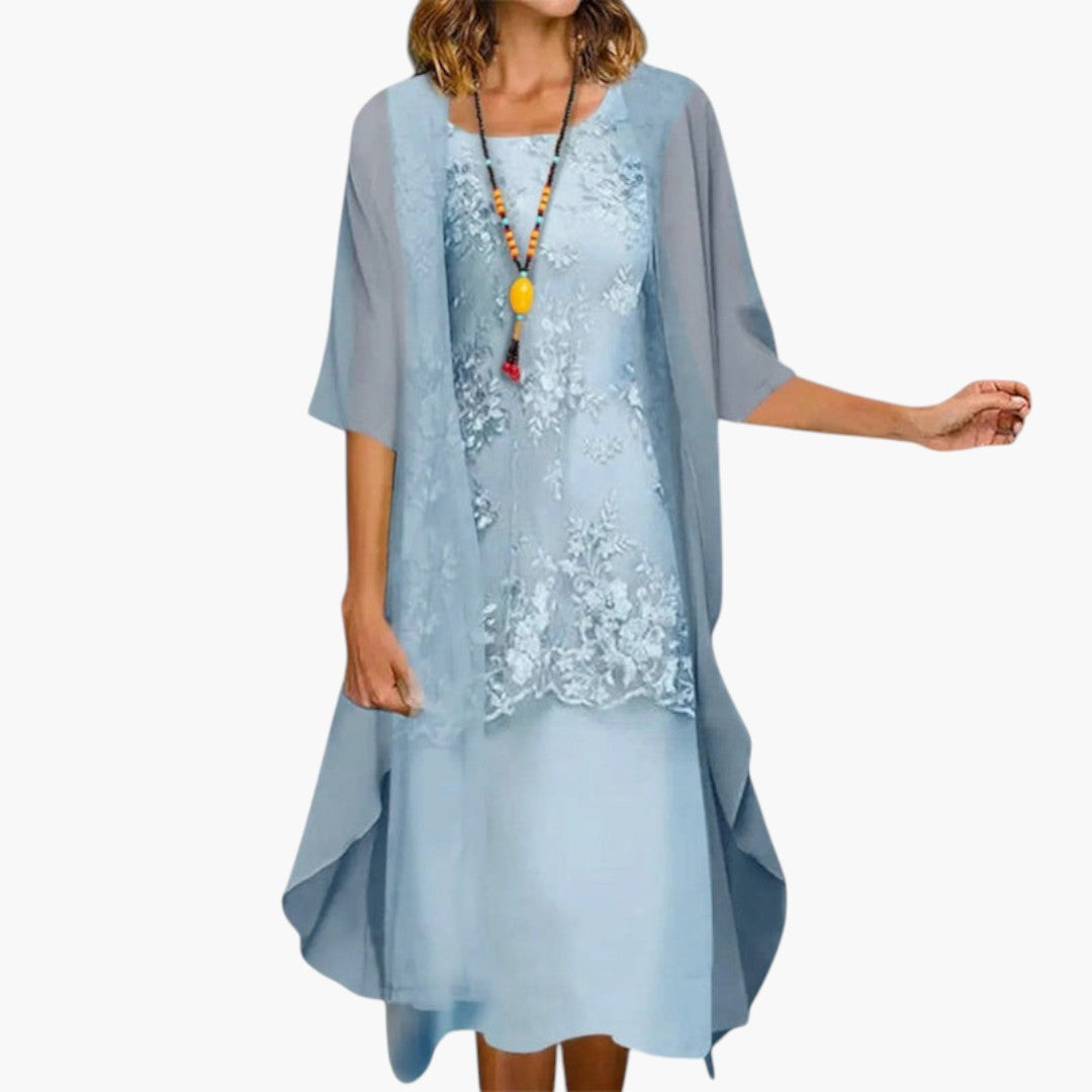 Women's Midi Dress with Round Neckline and Smocked Waist