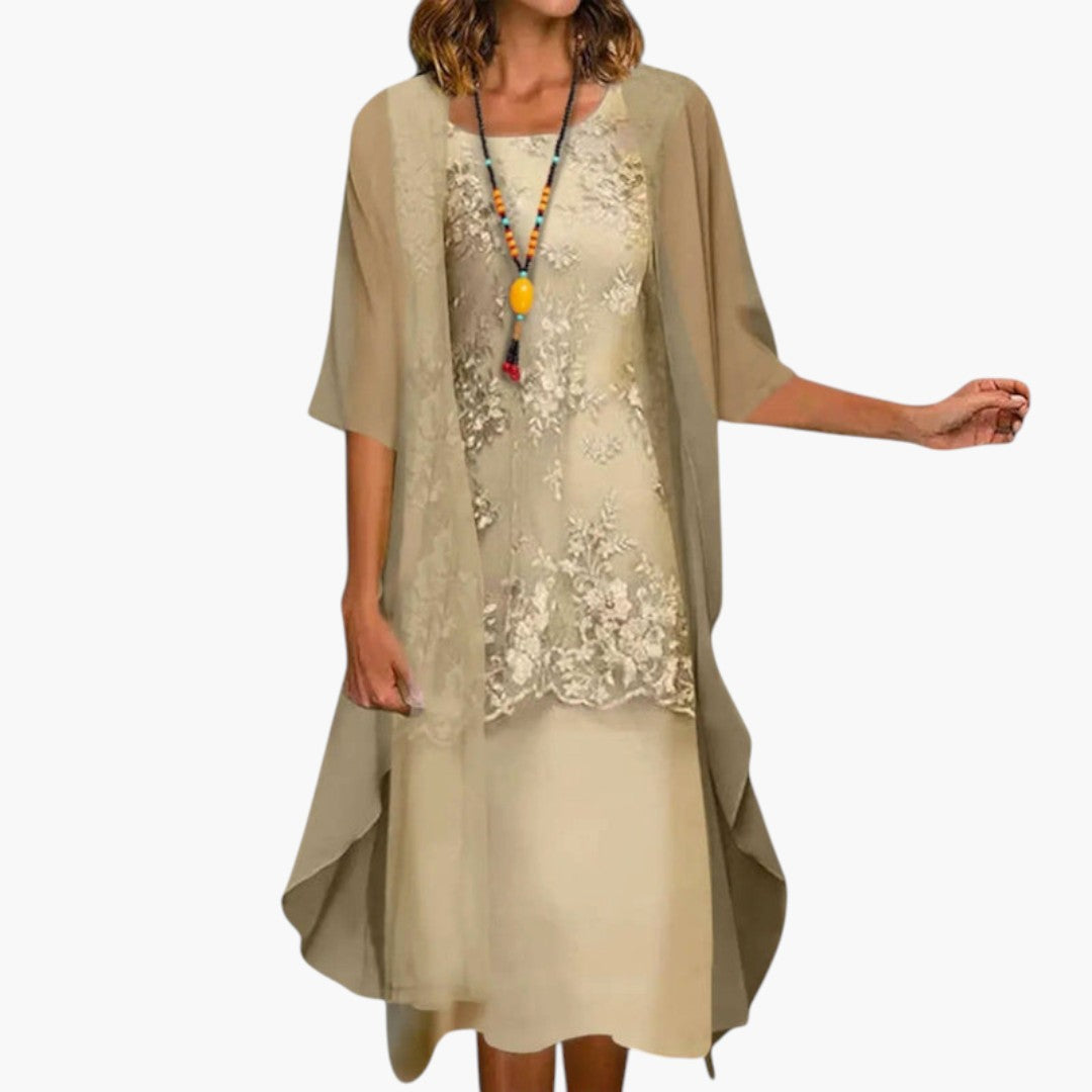 Women's Midi Dress with Round Neckline and Smocked Waist