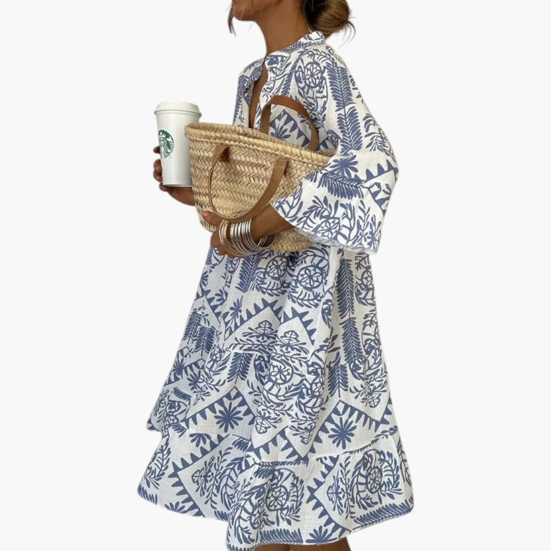 Bavane | Women's Midi Dress with Simple Neckline and Printed Pattern