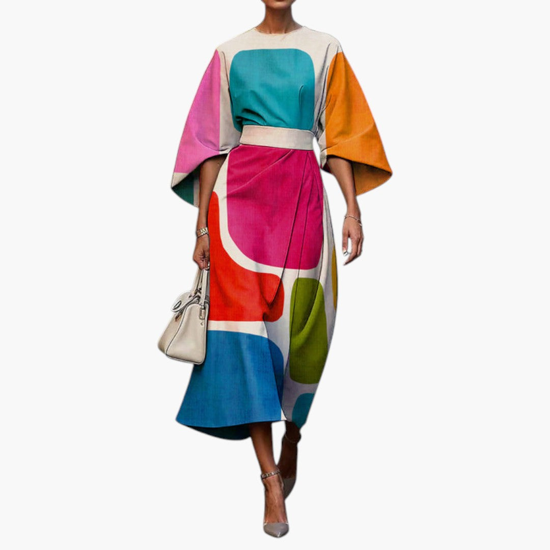 Women's Midi Dress with Round Neckline and Long Sleeves