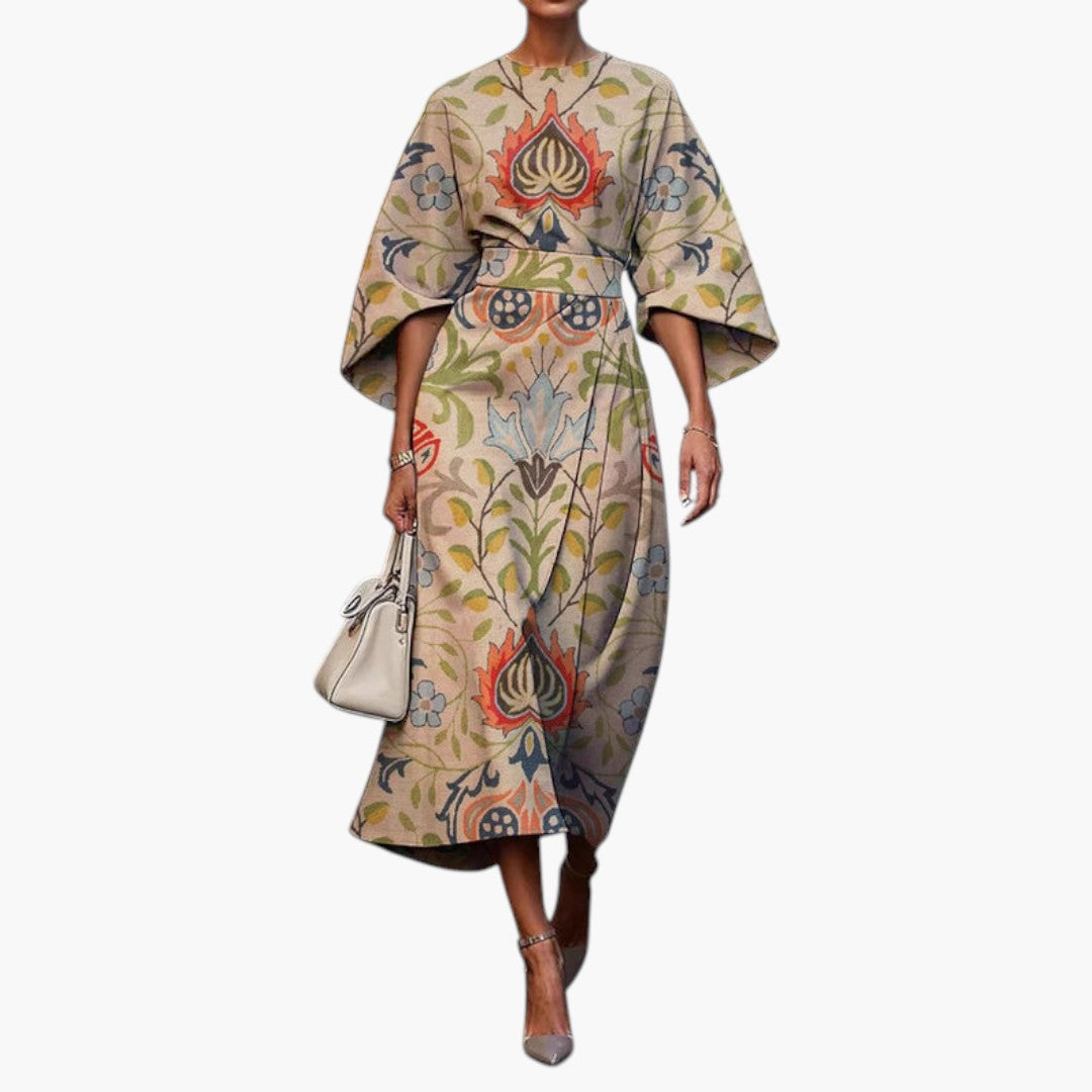 Women's Midi Dress with Round Neckline and Long Sleeves