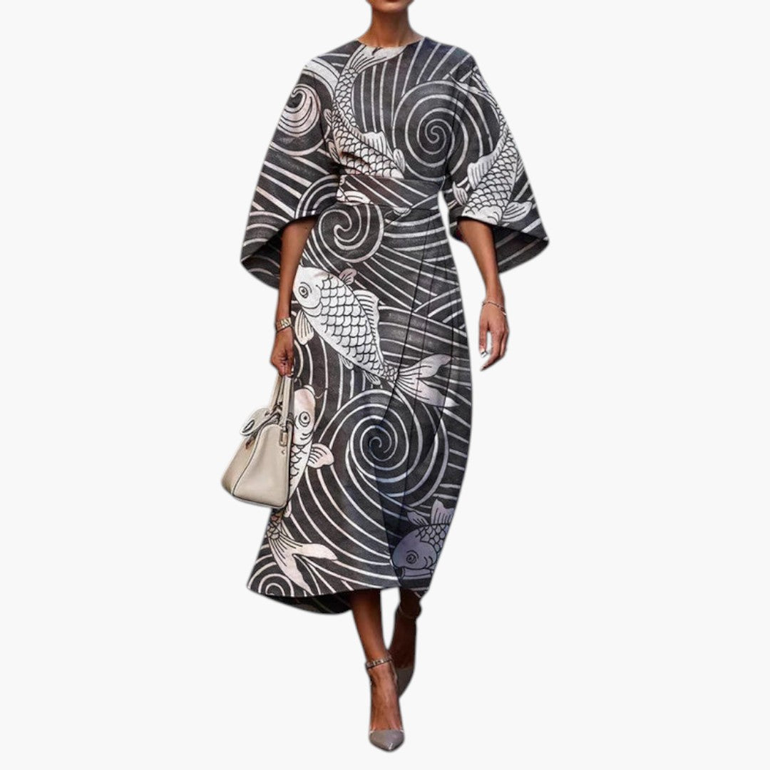 Women's Midi Dress with Round Neckline and Long Sleeves
