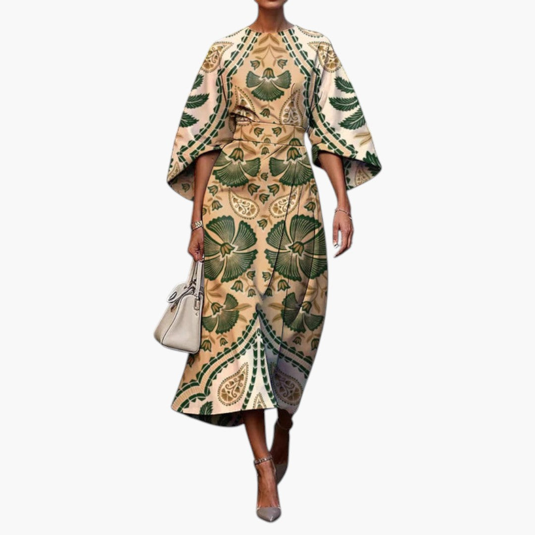 Women's Midi Dress with Round Neckline and Long Sleeves