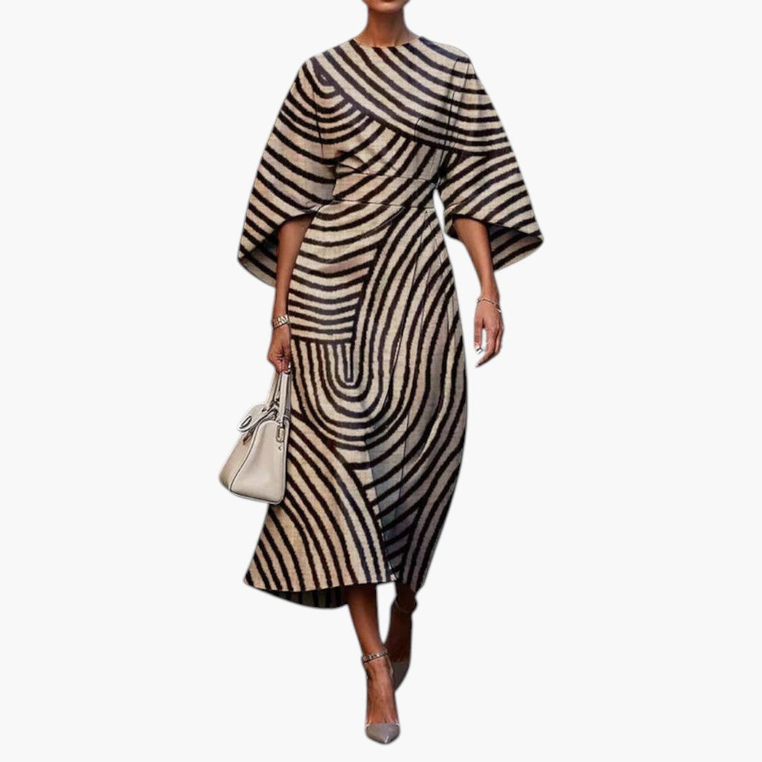 Women's Midi Dress with Round Neckline and Long Sleeves