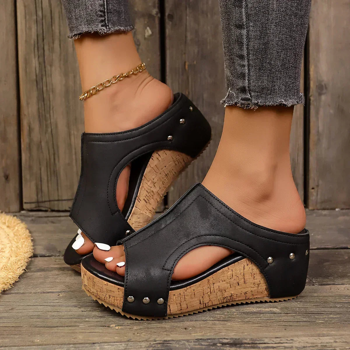 Women's Wedge Sandals with Studded Straps and Cushioned Insole
